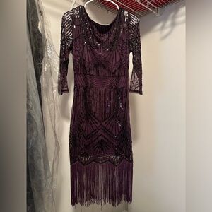Chic Sequin Fringe Midi Dress in Deep Purple